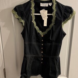 Byron Lars Black Blouse with Green Trim